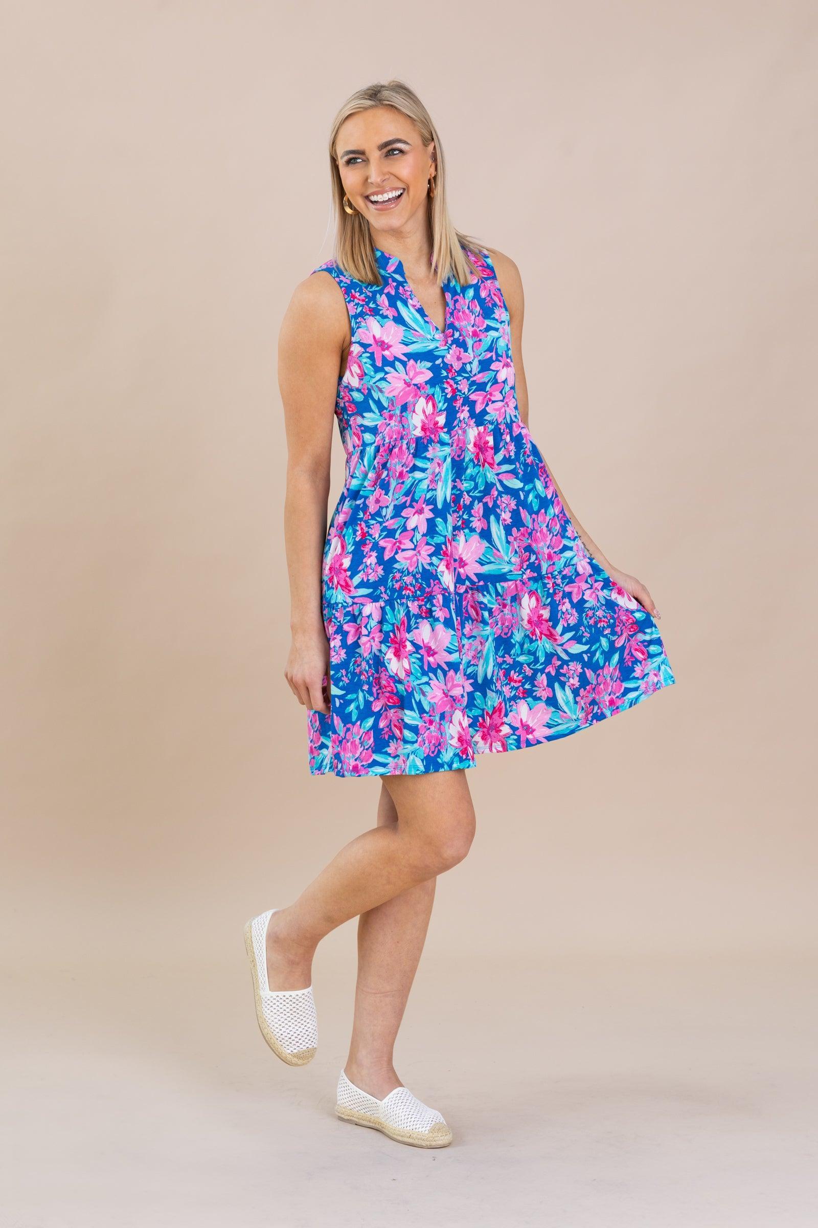 Blue Floral Tiered Wrinkle Free Dress Product Image