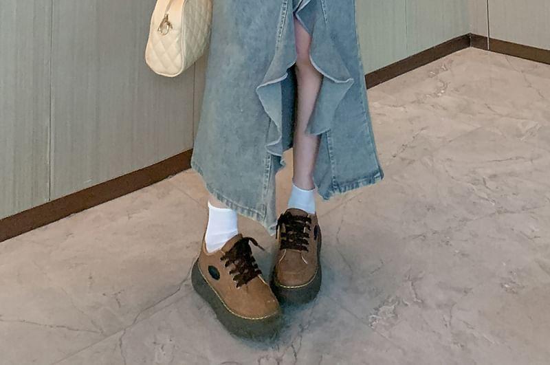 High Rise Washed Denim Maxi Fishtail Skirt Product Image