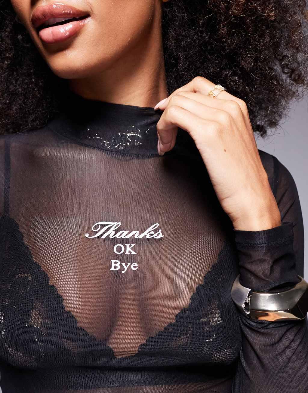 HUGO Blue dasori chest slogan high neck mesh long sleeve top in black Product Image