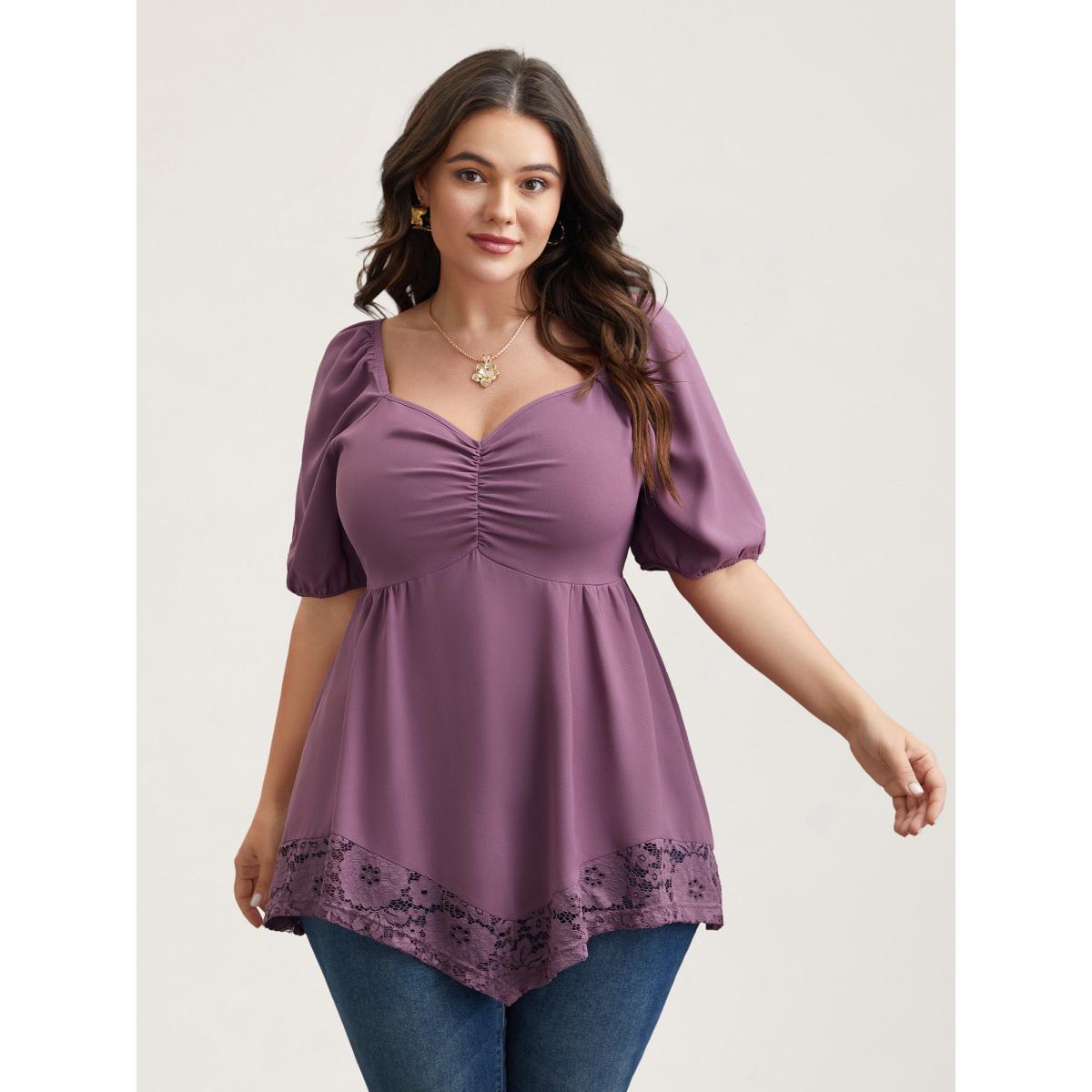 Plus Size Mauve Sweetheart Neck Lace High-Low Hem Shirt Women Elegant Half Sleeve Heart neckline Everyday Blouses BloomChic 28/5X Product Image
