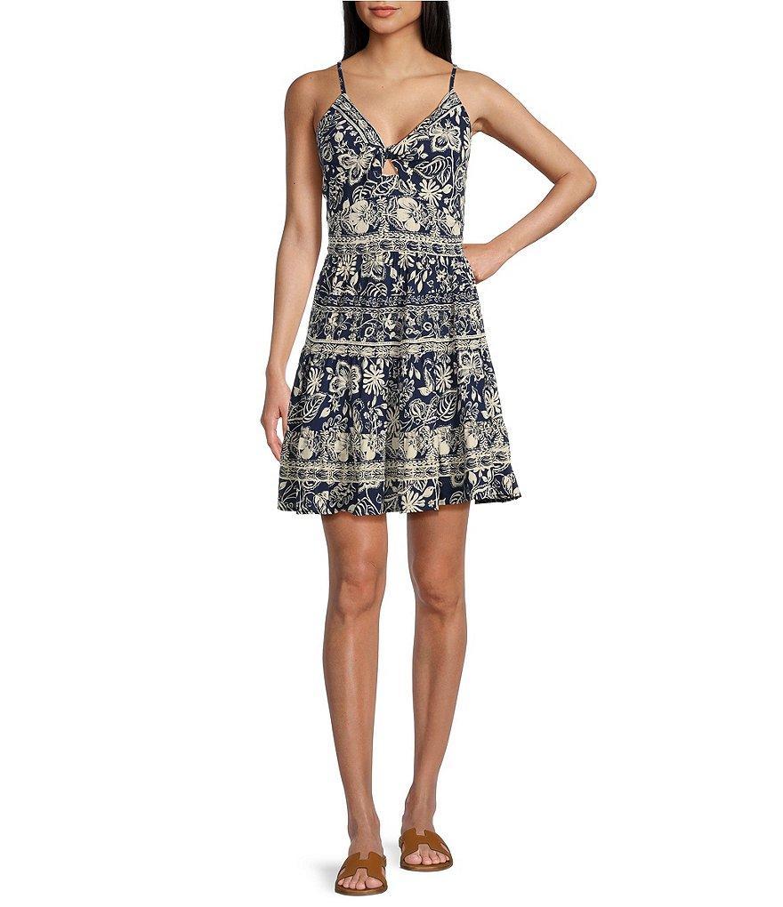 Angie Printed V-Neck Spaghetti Strap Twist Front Keyhole Tiered Dress Product Image