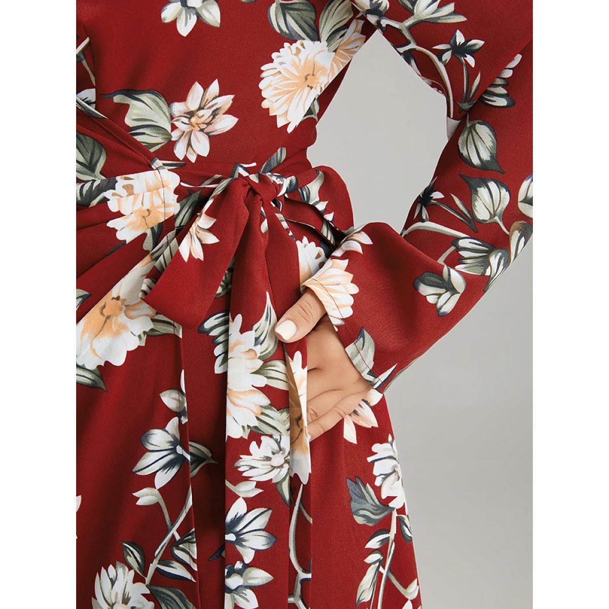 Plus Size Floral Print Knotted Shirt Collar Dress Scarlet Women Elegant Printed V-neck Long Sleeve Curvy Midi Dress BloomChic 12/L Product Image