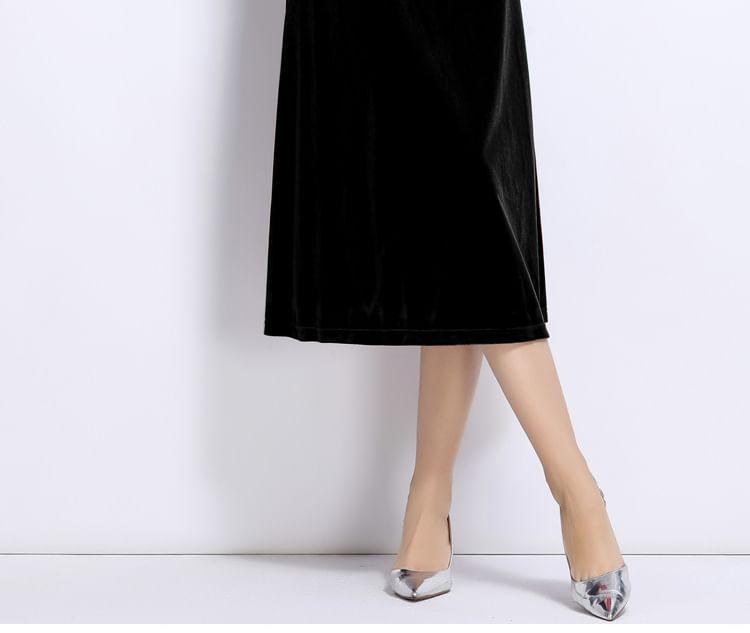 Long Sleeve Mock Neck Plain Beaded Keyhole Velvet Midi A-Line Dress Product Image