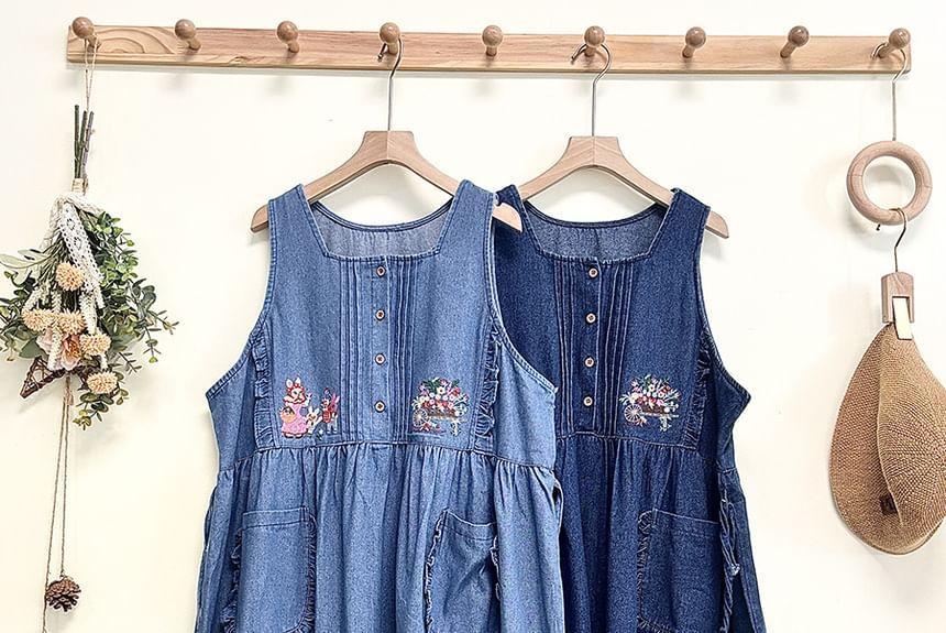 Square Neck Rabbit Embroidered Frill Trim Washed Denim Maxi Jumper Dress Product Image