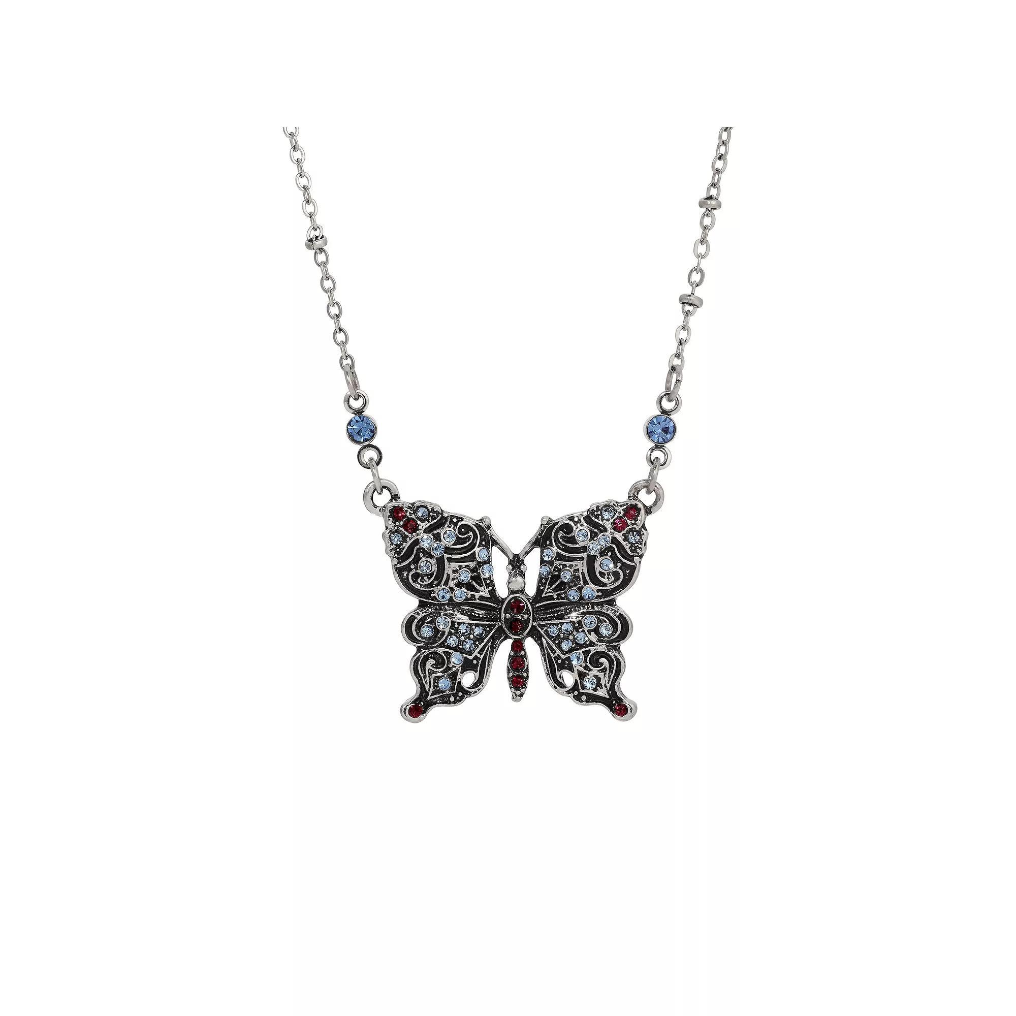 1928 Silver-Tone Butterfly Multicolored Stones Necklace, Womens Product Image
