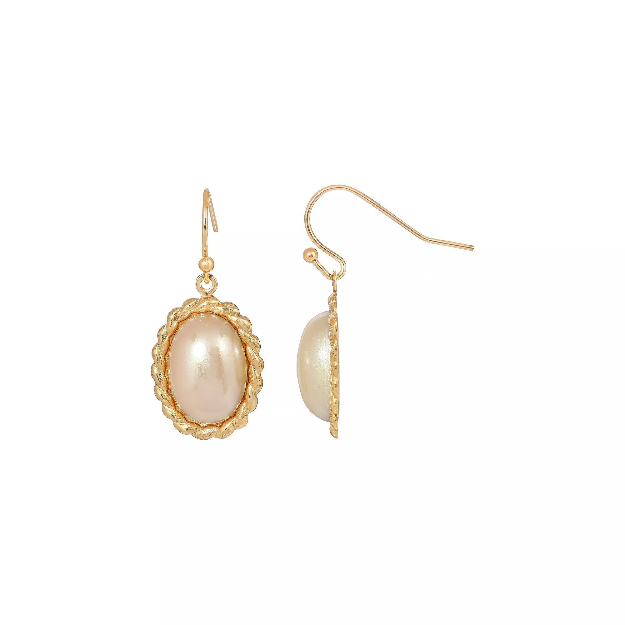 1928 Gold Tone Simulated Pearl Oval Drop Earrings, Womens, White Product Image