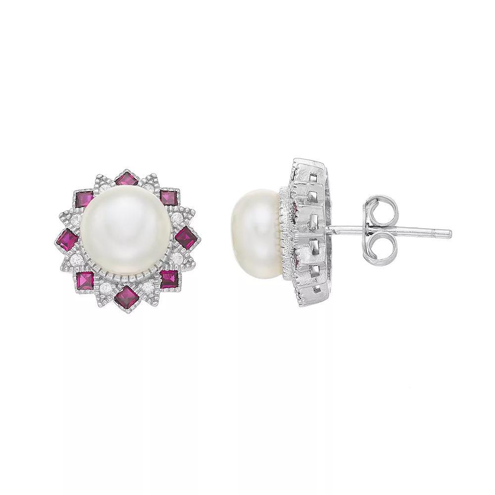 Sterling Silver Freshwater Cultured Pearl, Lab-Created Ruby & White Sapphire Stud Earrings, Women's Product Image