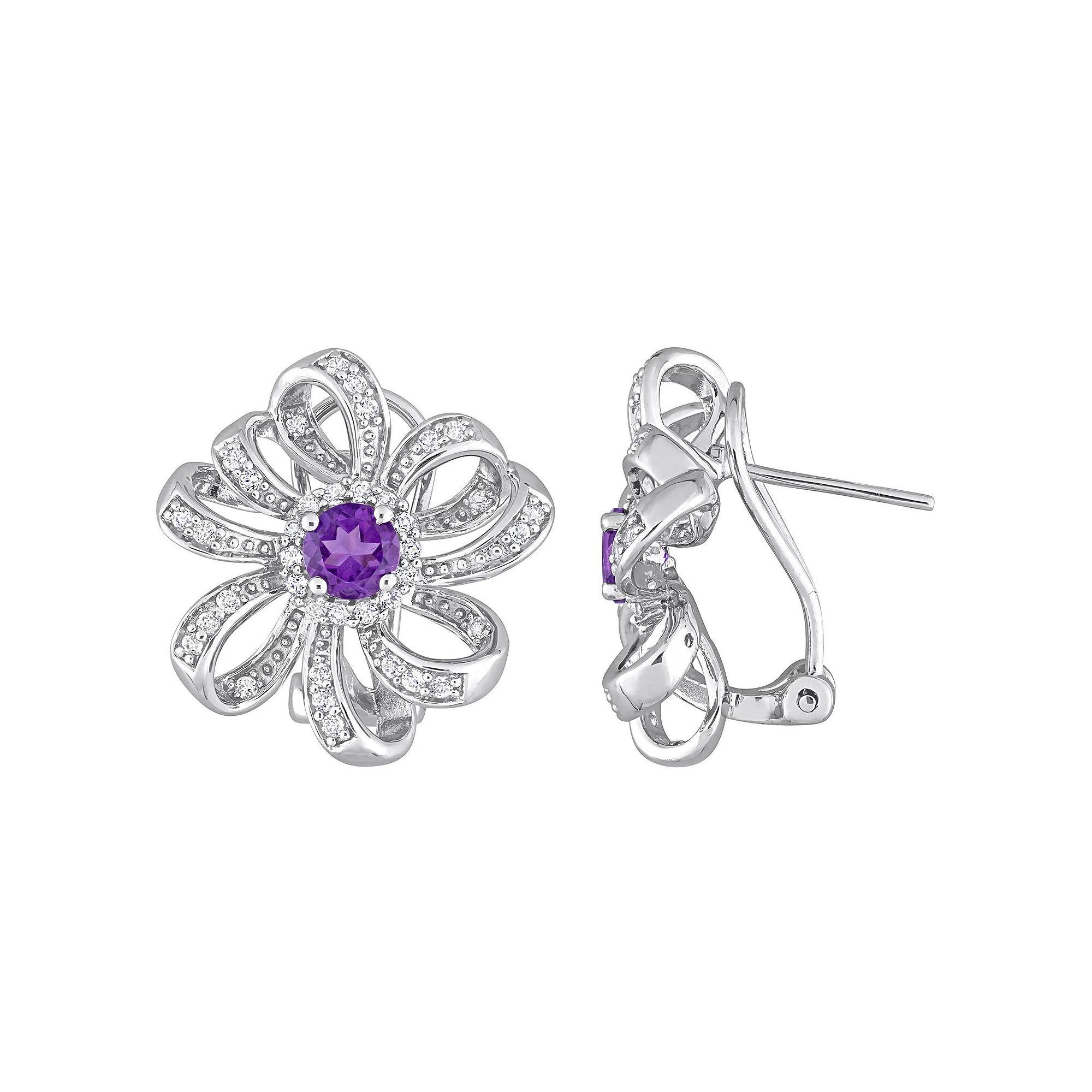 Stella Grace Sterling Silver African Amethyst & White Topaz Floral Omega Clip Earrings, Women's Product Image