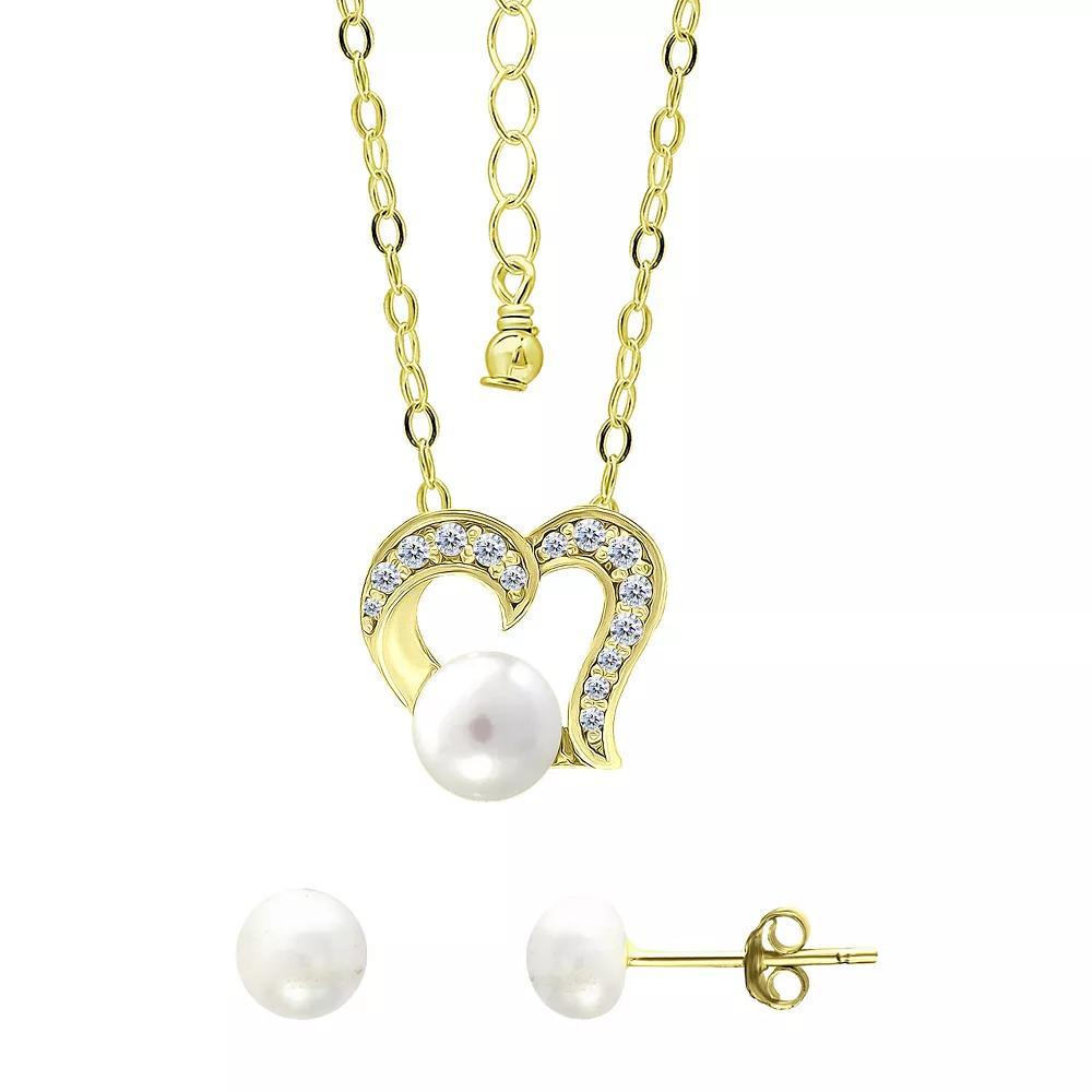Aleure Precioso 18k Gold Over Silver Heart Shaped Cubic Zirconia & Freshwater Cultured Pearl Pendant Necklace & Stud Earrings Set, Women's, Size: 18", Gold Tone White Product Image