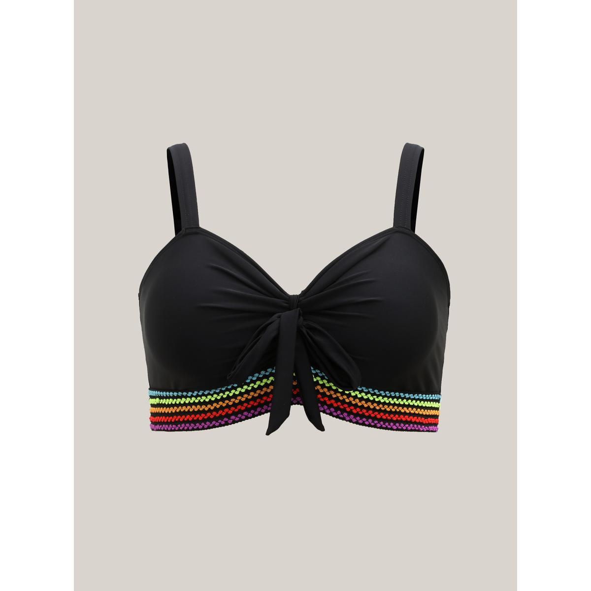 Plus Size Colorful Webbed Knotted Front Swim Top Women's Swimwear Black Beach Woven ribbon&lace trim High stretch Skinny Heart neckline Curve Swim Tops BloomChic 14-16/1X Product Image