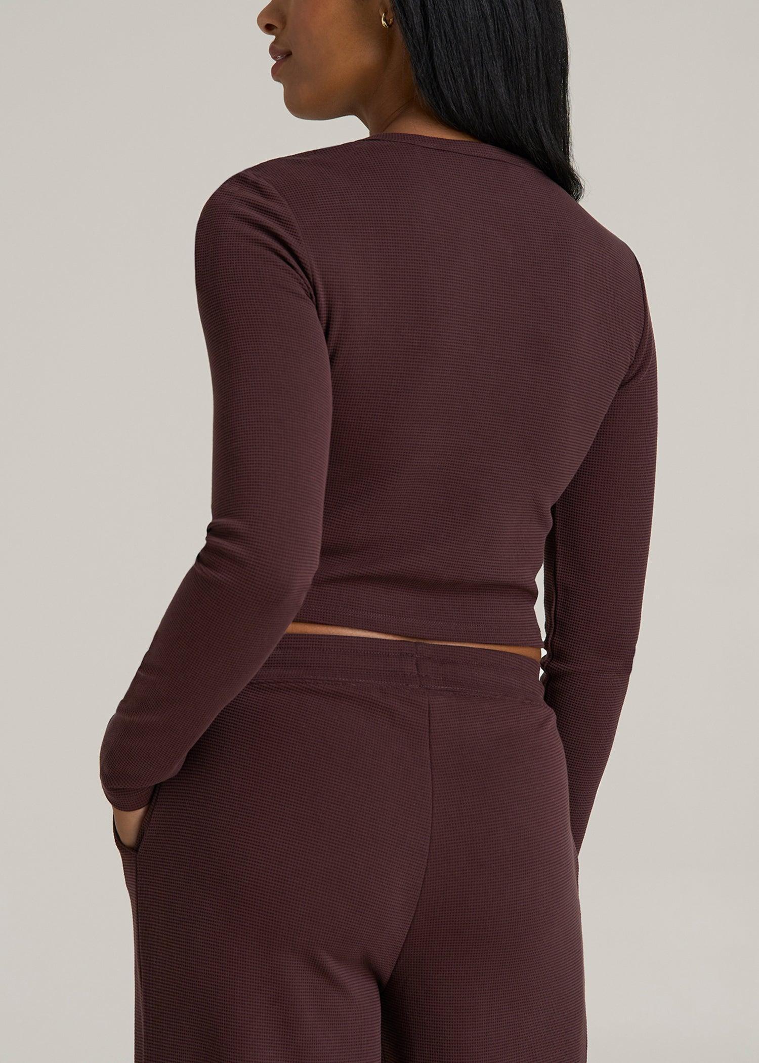 Cropped Long Sleeve Waffle Shirt for Tall Women in Oxblood Product Image