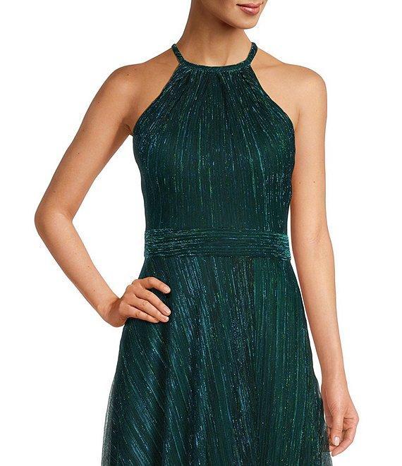 Betsy & Adam Metallic Crinkle Halter Neck Sleeveless Gown Product Image