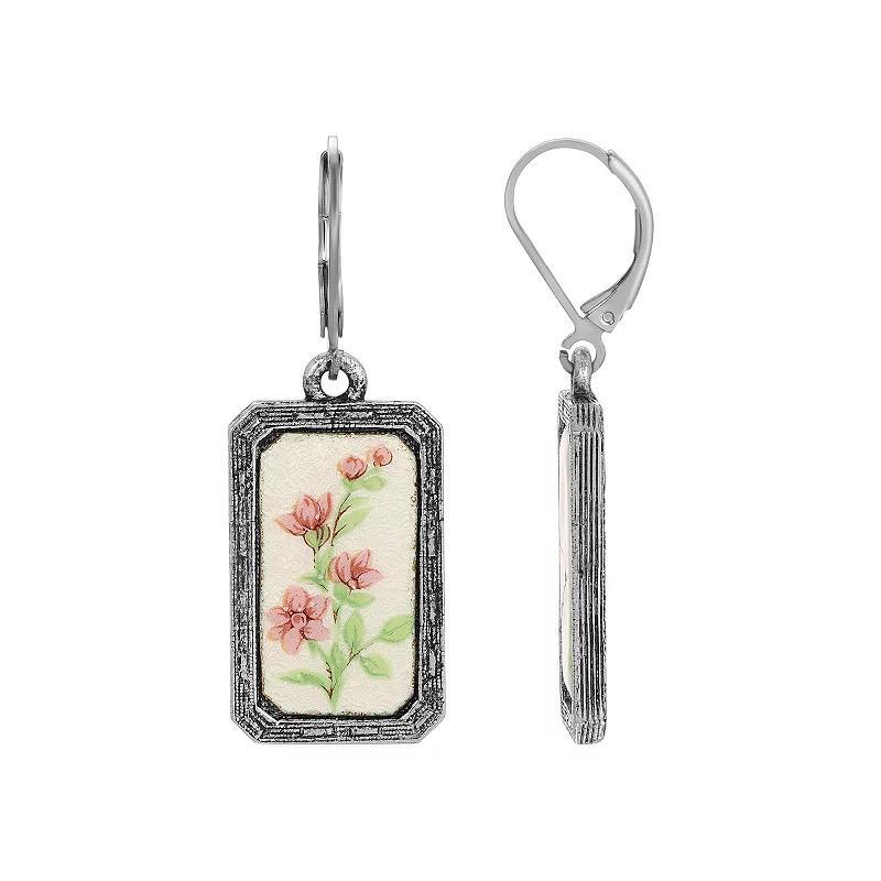 1928 Rectangle Enamel Flower Earrings, Womens, Silver Tone Product Image