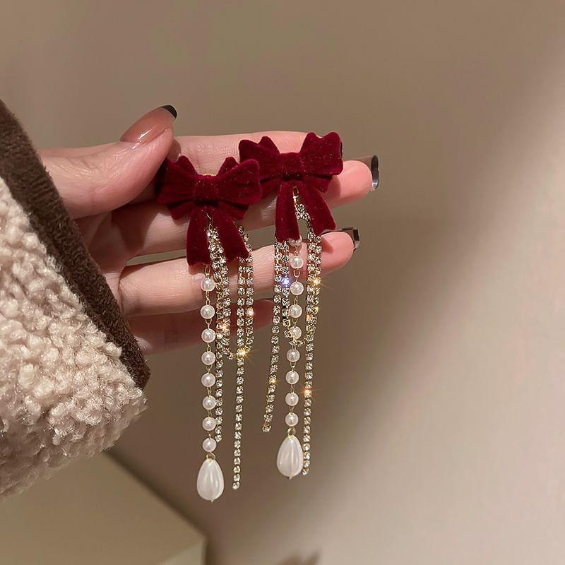 Bow Flocking Faux Pearl Rhinestone Fringed Dangle Earring Product Image