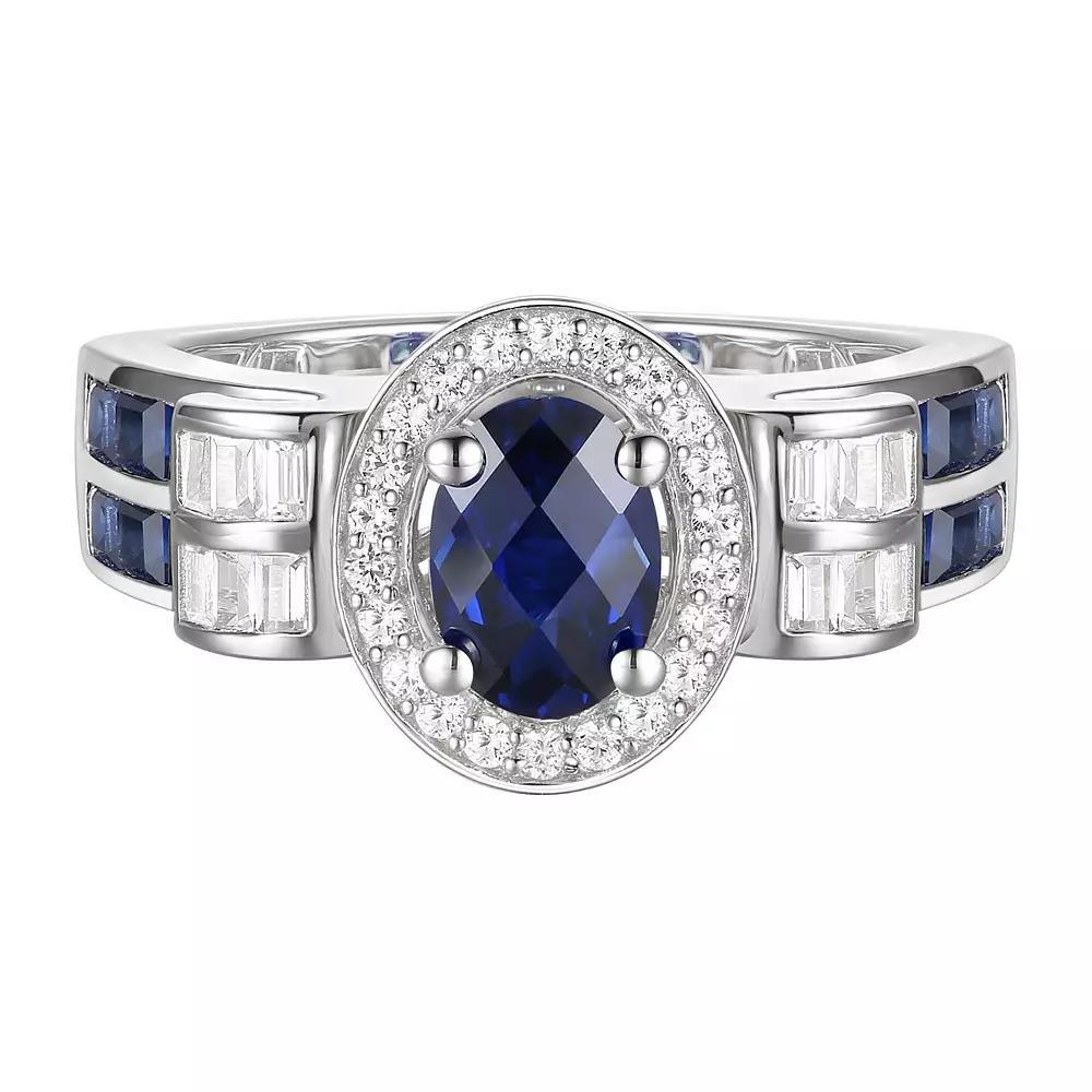 Sterling Silver Lab-Created Blue & White Sapphire Oval Halo Ring, Women's, Size: 7 Product Image