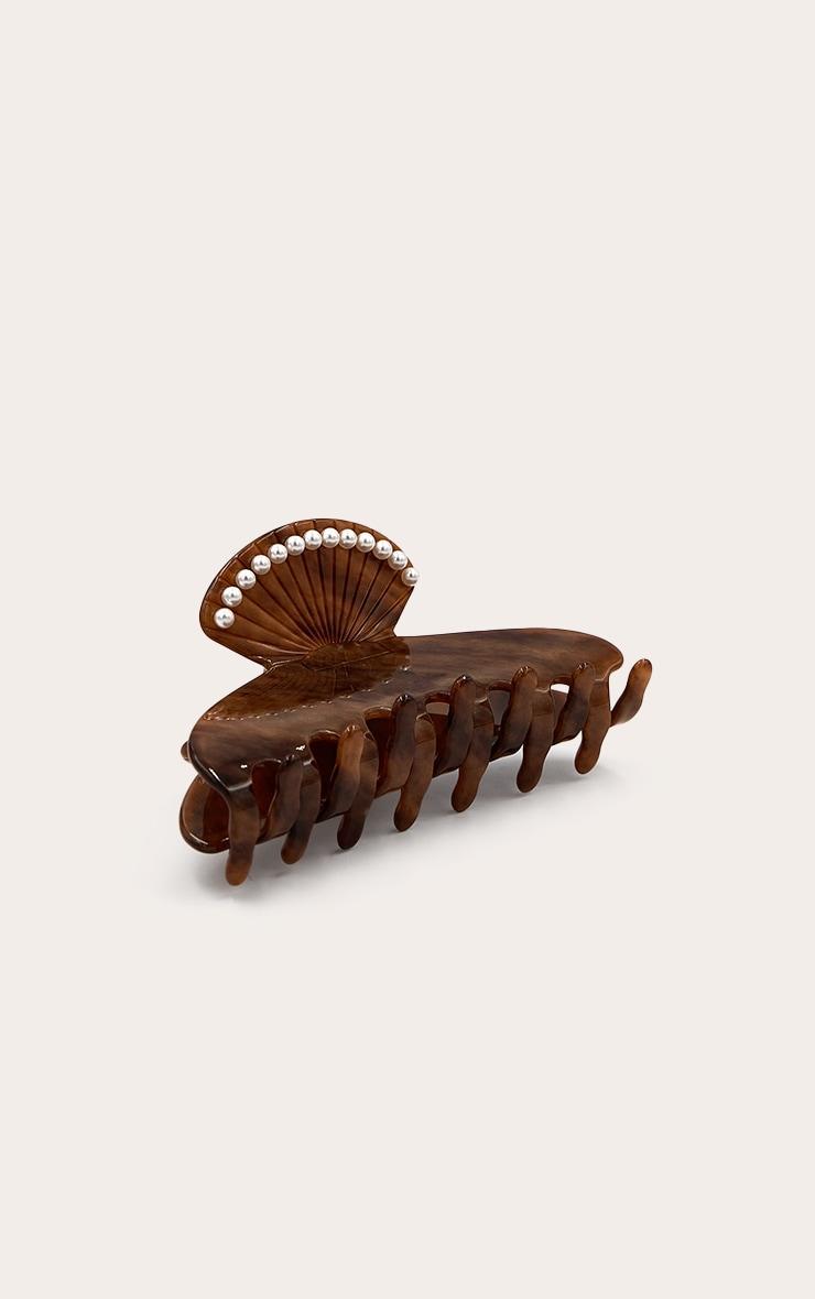 Brown Tortoiseshell Claw Clip With Pearl Detail Product Image