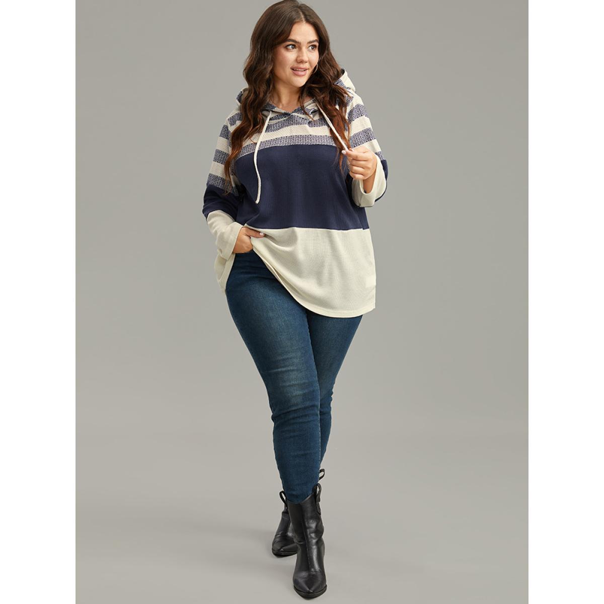 Plus Size Waffle Knit Striped Colorblock Hooded Sweatshirt Women Indigo Casual Contrast Hooded Dailywear Sweatshirts BloomChic 26/4X Product Image