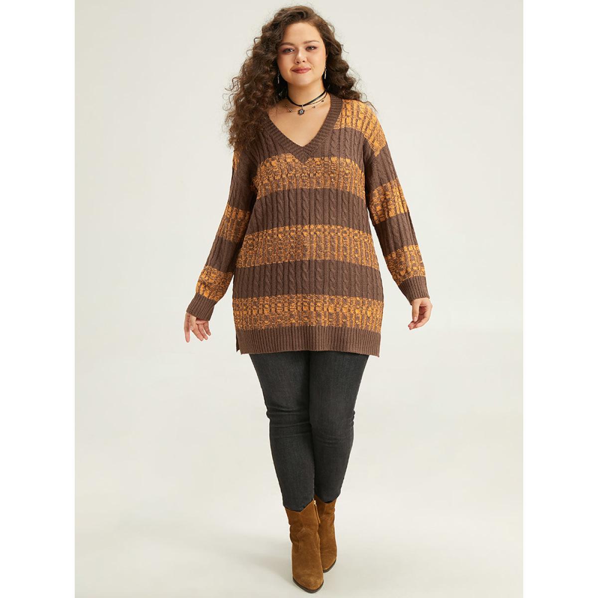 Plus Size Halloween Colorblock Plisse Split Side Pullover Bronze Women Casual Loose Long Sleeve V-neck Festival-Halloween Pullovers BloomChic 26/4X Product Image