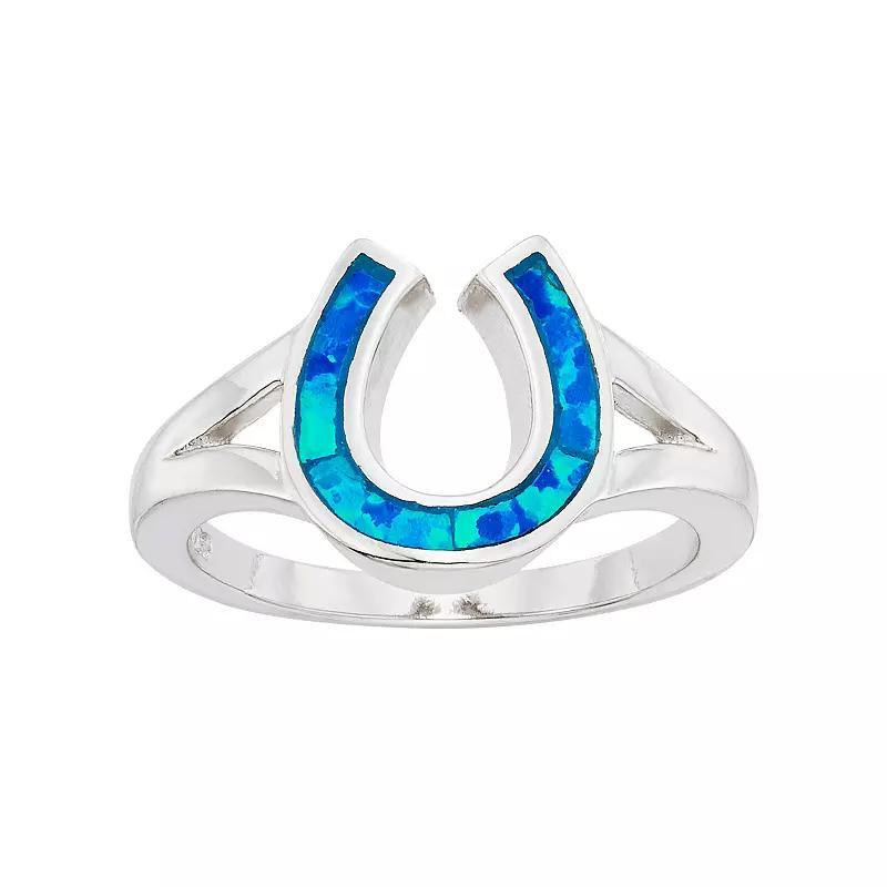Lab-Created Blue Opal Sterling Silver Horseshoe Ring, Womens Product Image