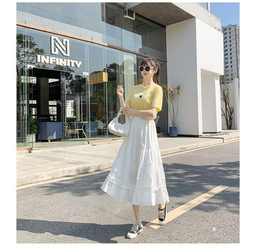 High Waist Plain Ruffle Midi A-Line Skirt Product Image