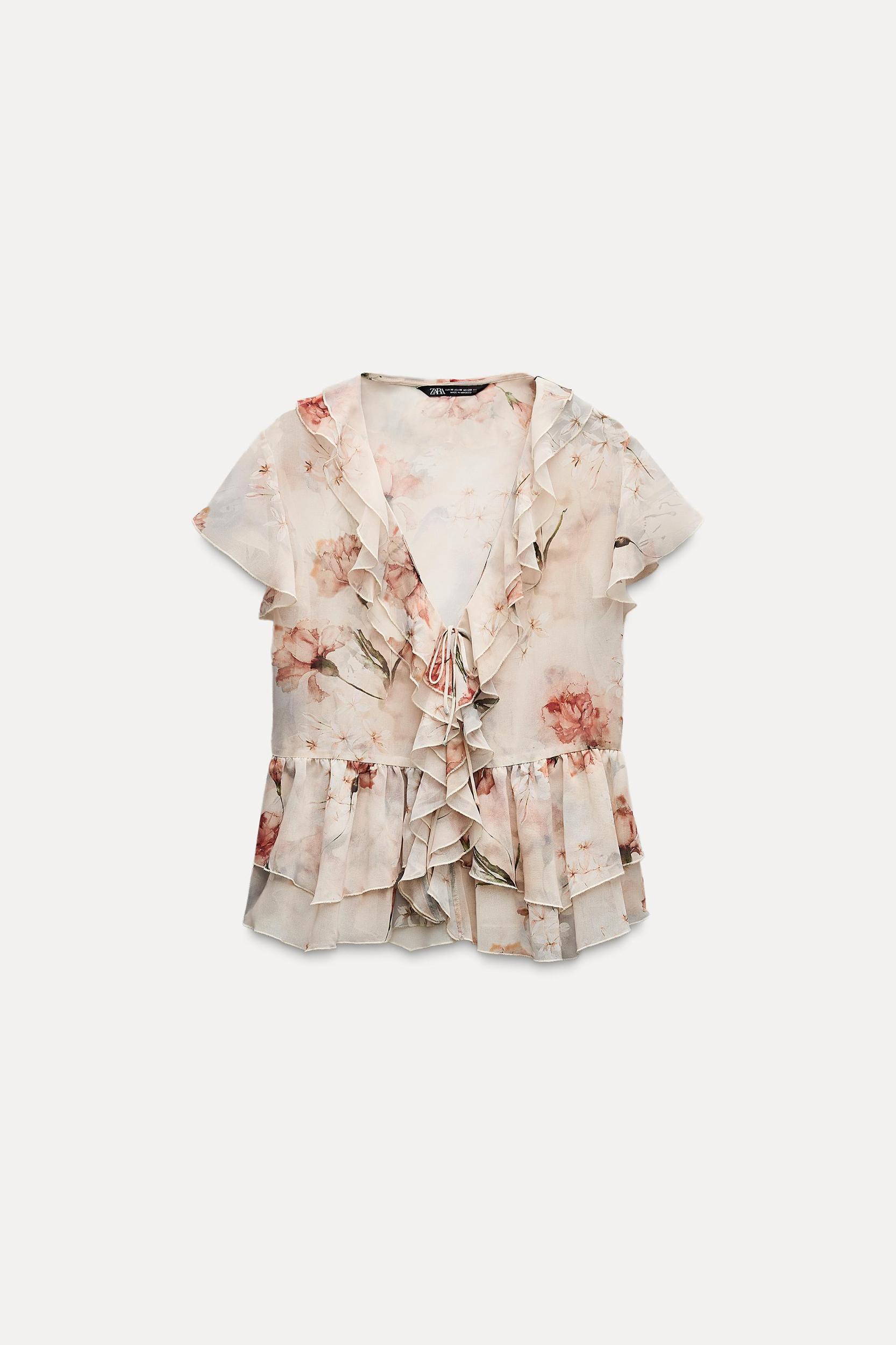 FLORAL PRINT RUFFLE BLOUSE WITH TIE Product Image