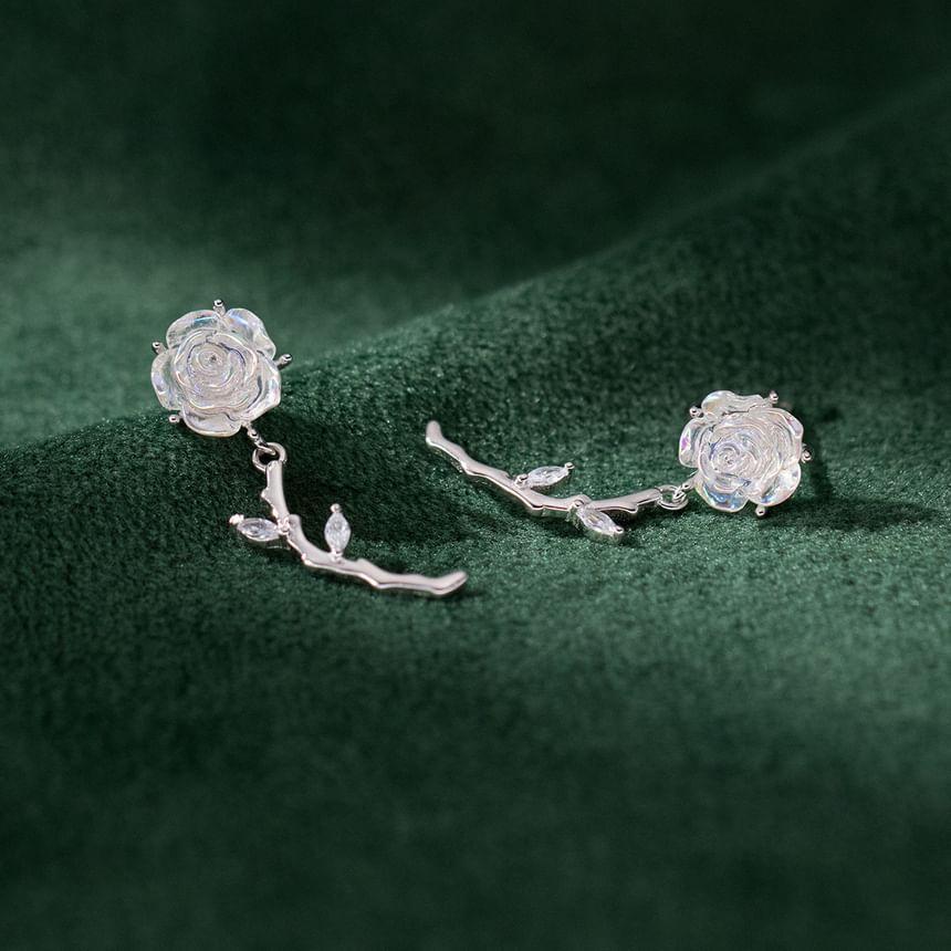 925 Sterling Silver Rhinestone Rose Drop Earring Product Image