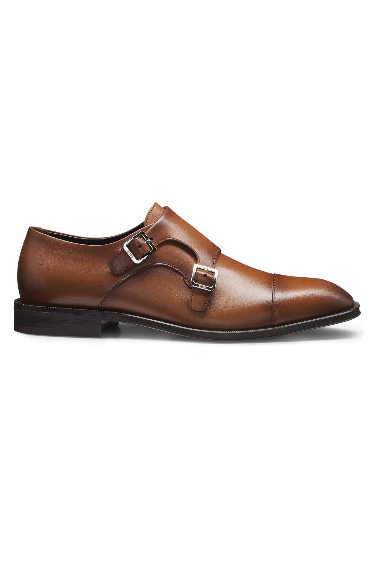 BOSS - Leather double-monk shoes with cap toe - Brown Product Image