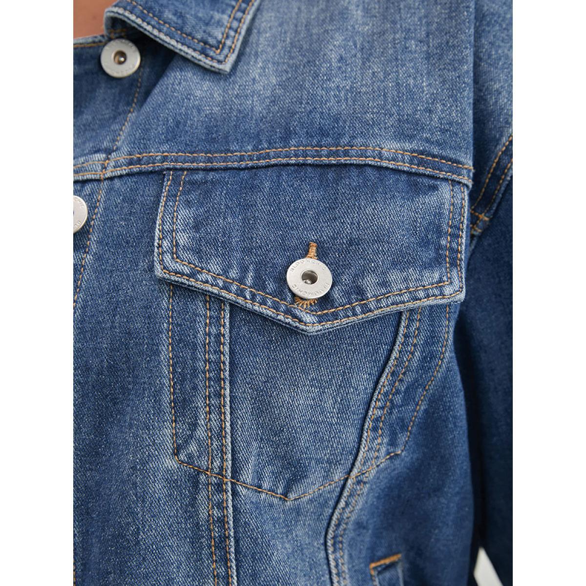 Women Solid Flap Pocket Button Front Dark Wash Denim Jacket Cerulean Plus Size Plain Dailywear Pocket Casual Denim Jackets BloomChic 18-20/2X Product Image