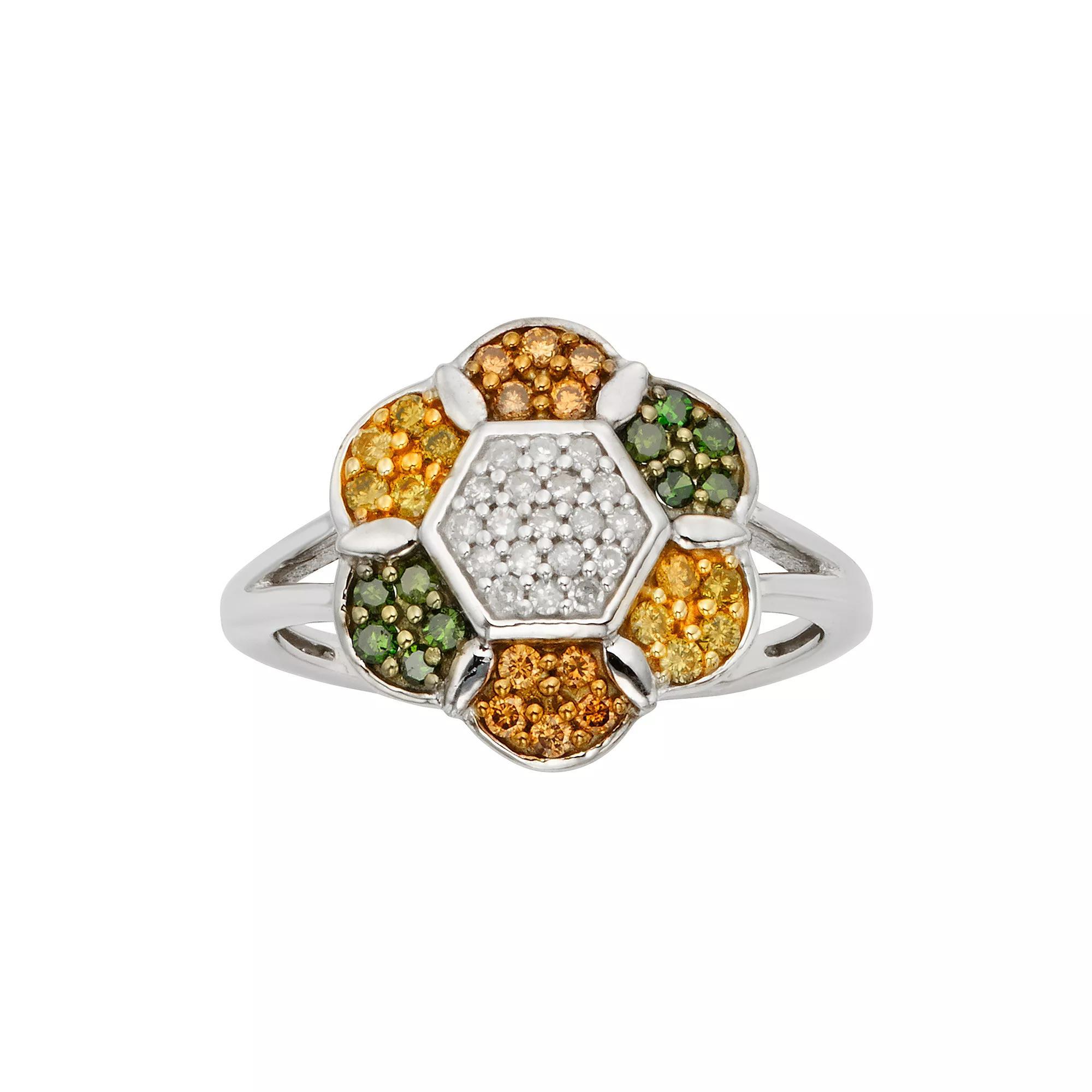 Jewelexcess Sterling Silver 1/2-ct. T.W. Green, Yellow, Champagne and White Diamond Flower Ring, Womens Multicolor Product Image