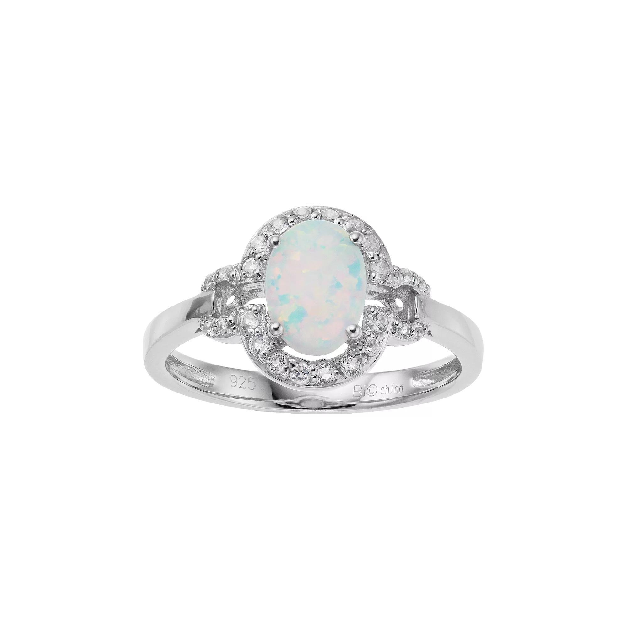 Gemminded Sterling Silver Lab-Created White Opal & White Topaz Oval Halo Ring, Women's, Size: 6 Product Image
