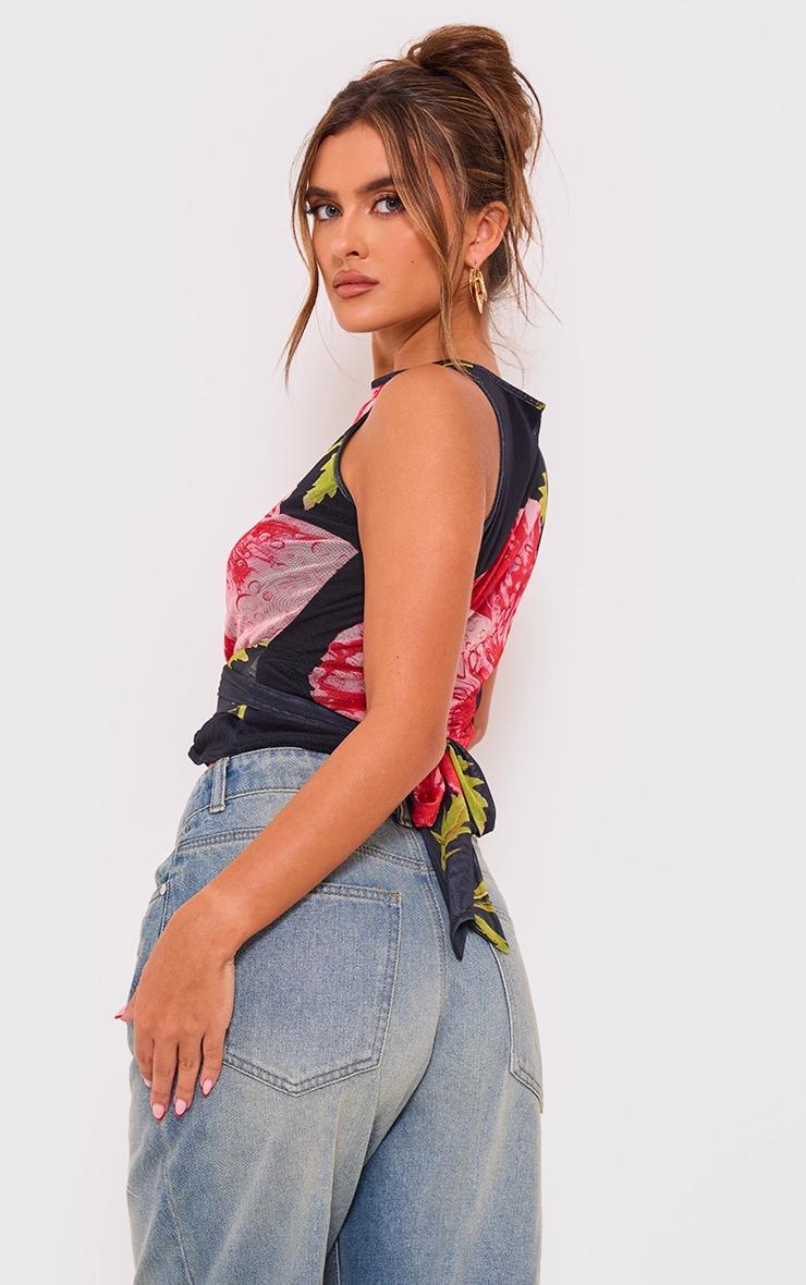  Black Printed Mesh Tie Detail Boat Neck Top Product Image