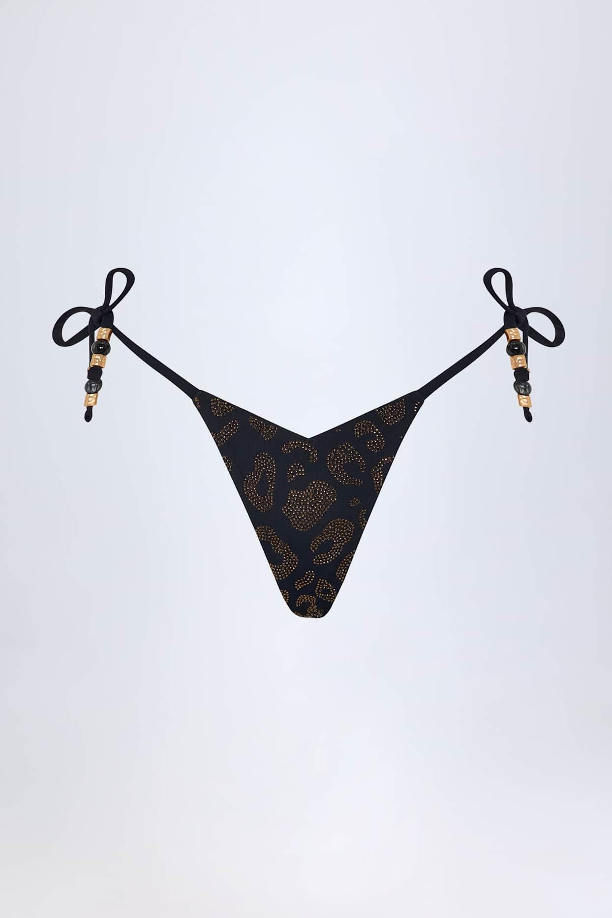 Side-Tie Bead Thong Bikini Bottoms in Black Leopard Hotfix Product Image