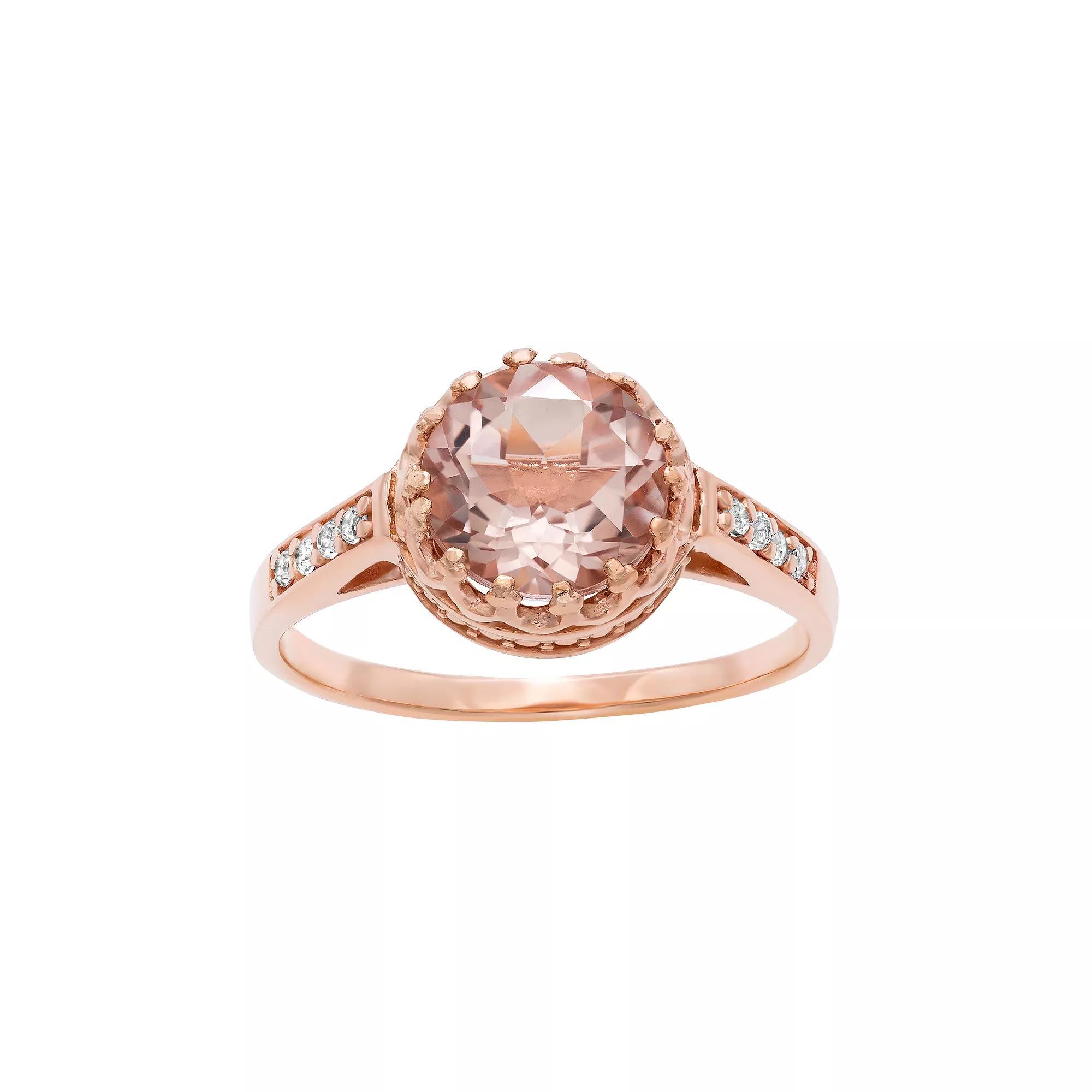 14k Rose Gold Over Silver Simulated Morganite and Lab-Created White Sapphire Crown Ring, Women's, Size: 7, Pink Product Image