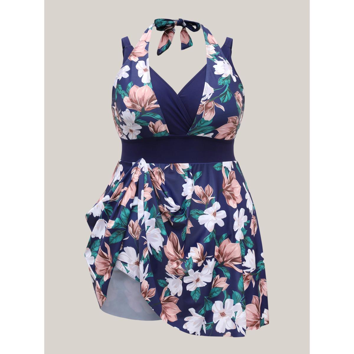 Plus Size Floral Print Color Block Swim Dress Women's Swimwear Midnight Beach Bodycon Overlap Collar High stretch Curve Swim Dresses BloomChic 12/L Product Image
