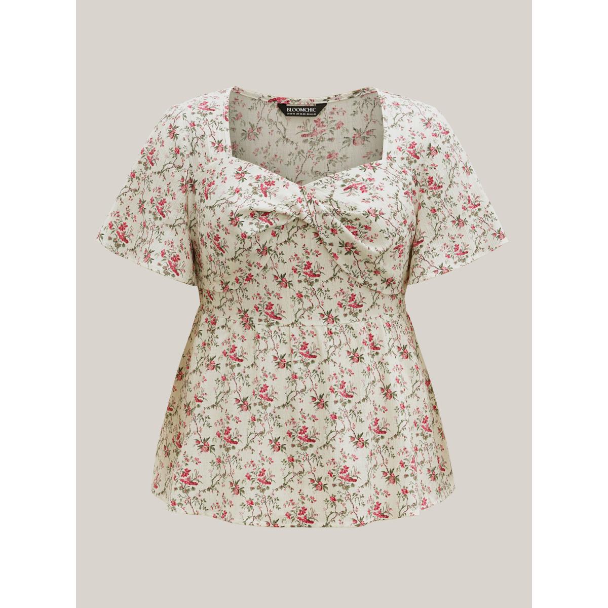 Plus Size Ivory Knotted Floral Print Flared Sleeve Blouse Women Short sleeve Heart neckline Everyday-Elegant Blouses BloomChic 22-24/3X Product Image
