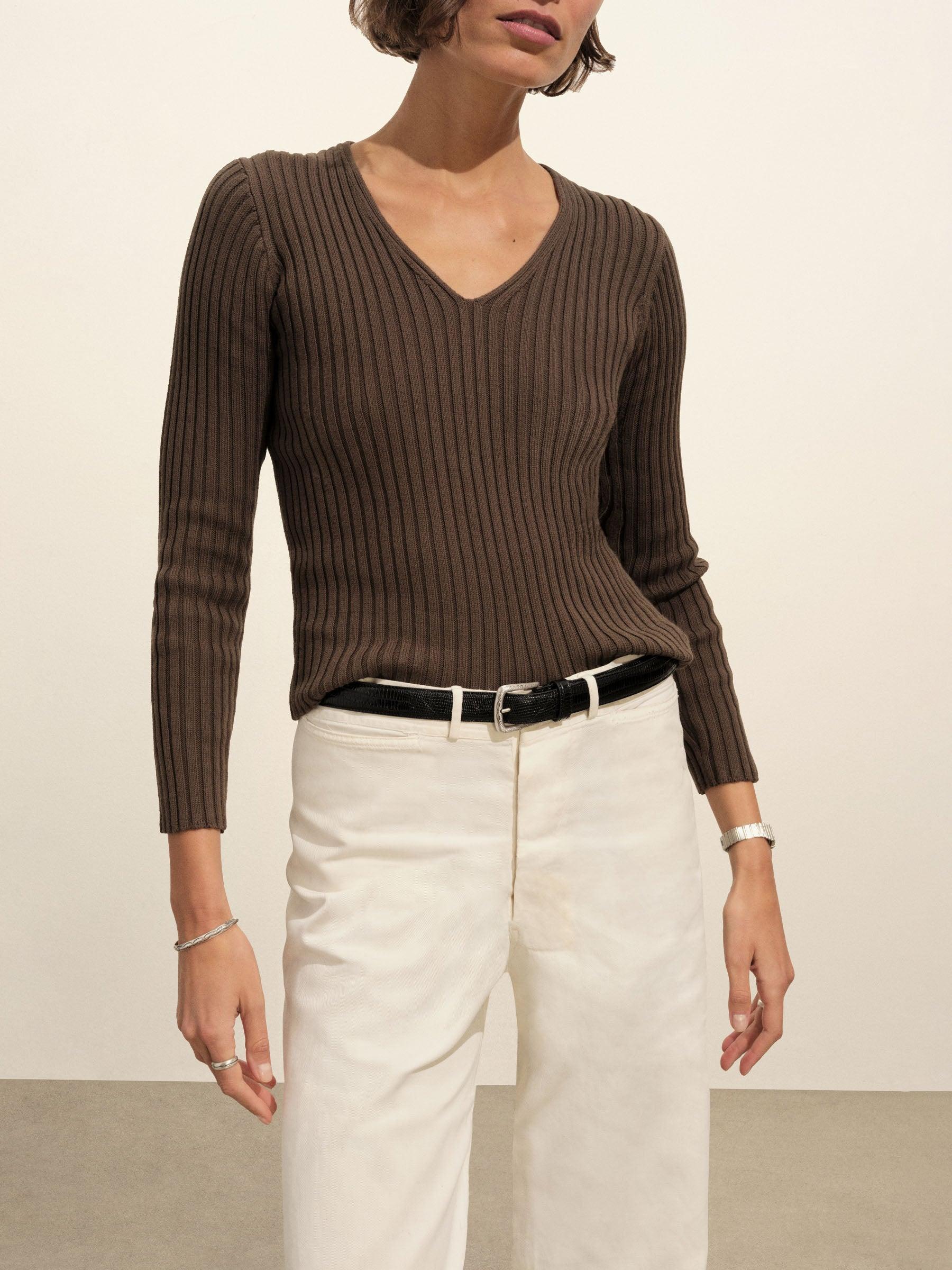 Burnt Chestnut Fluted Rib V-Neck Long Sleeve Product Image
