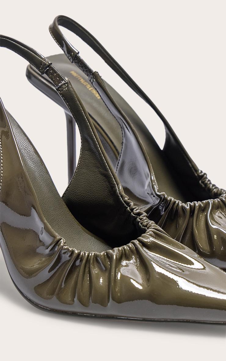 Olive Crinkle PU Point Toe Gathered High Stiletto Sling Back Court Heels Product Image