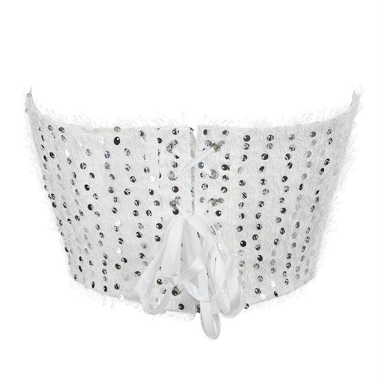 Sequin Fringed Lace-Up Back Bustier Top Product Image