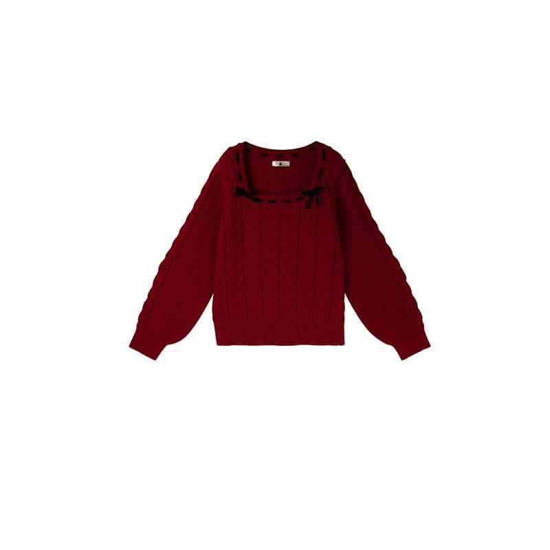 Plus Size Square Neck Ribbon Accent Cable Knit Plain Sweater Product Image