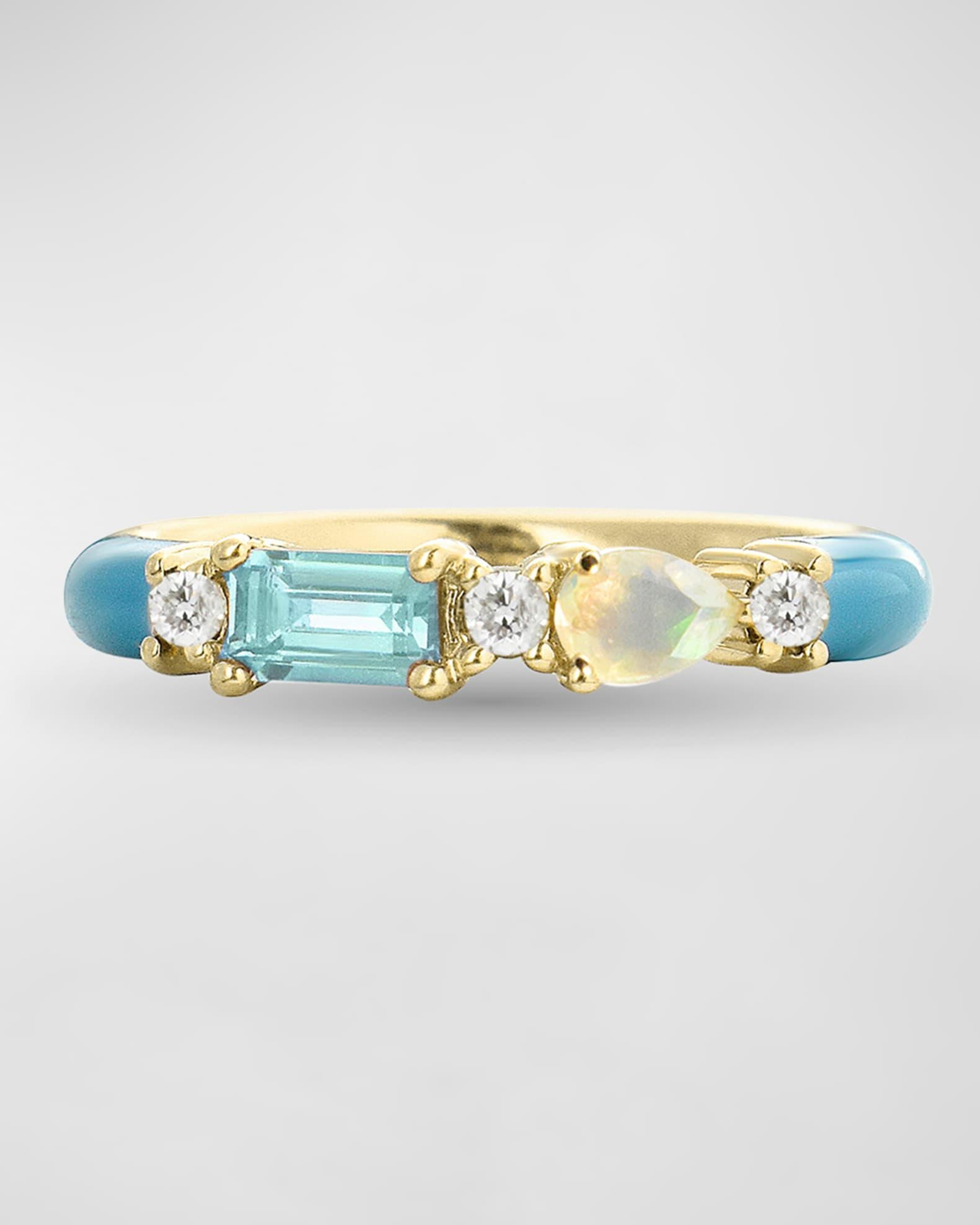 Blue Zircon and White Opal Ocean Blue Enamel Ring, Size 7 Product Image