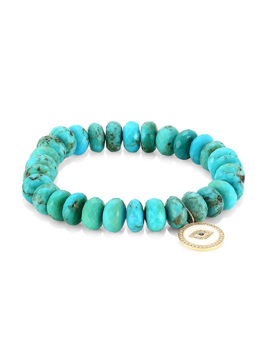Womens 14K Yellow Gold, Diamond, Sapphire & Turquoise Evil Eye Beaded Bracelet Product Image