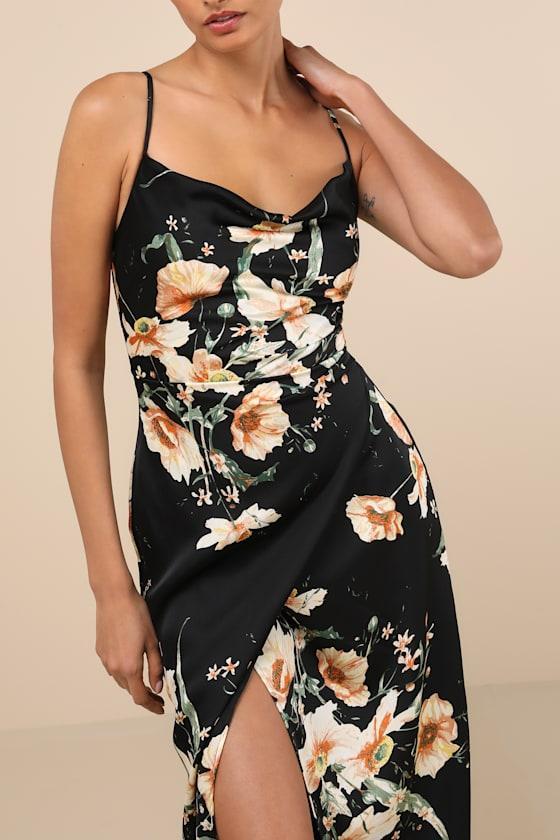 Sunny Blossom Black Floral Print Satin Cowl Neck Midi Dress Product Image