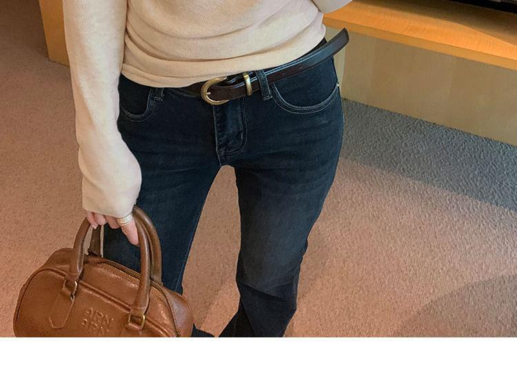 Long-Sleeve Asymmetrical Neck Plain Ruched Slim Fit Knit Top Product Image