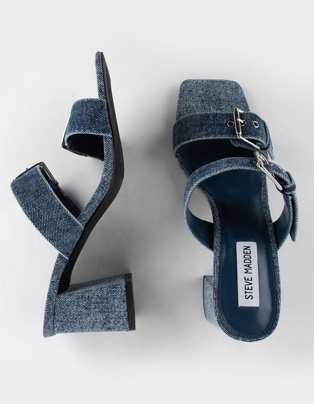 STEVE MADDEN Masterful Double Buckle Womens Heeled Sandals - DENIM Product Image