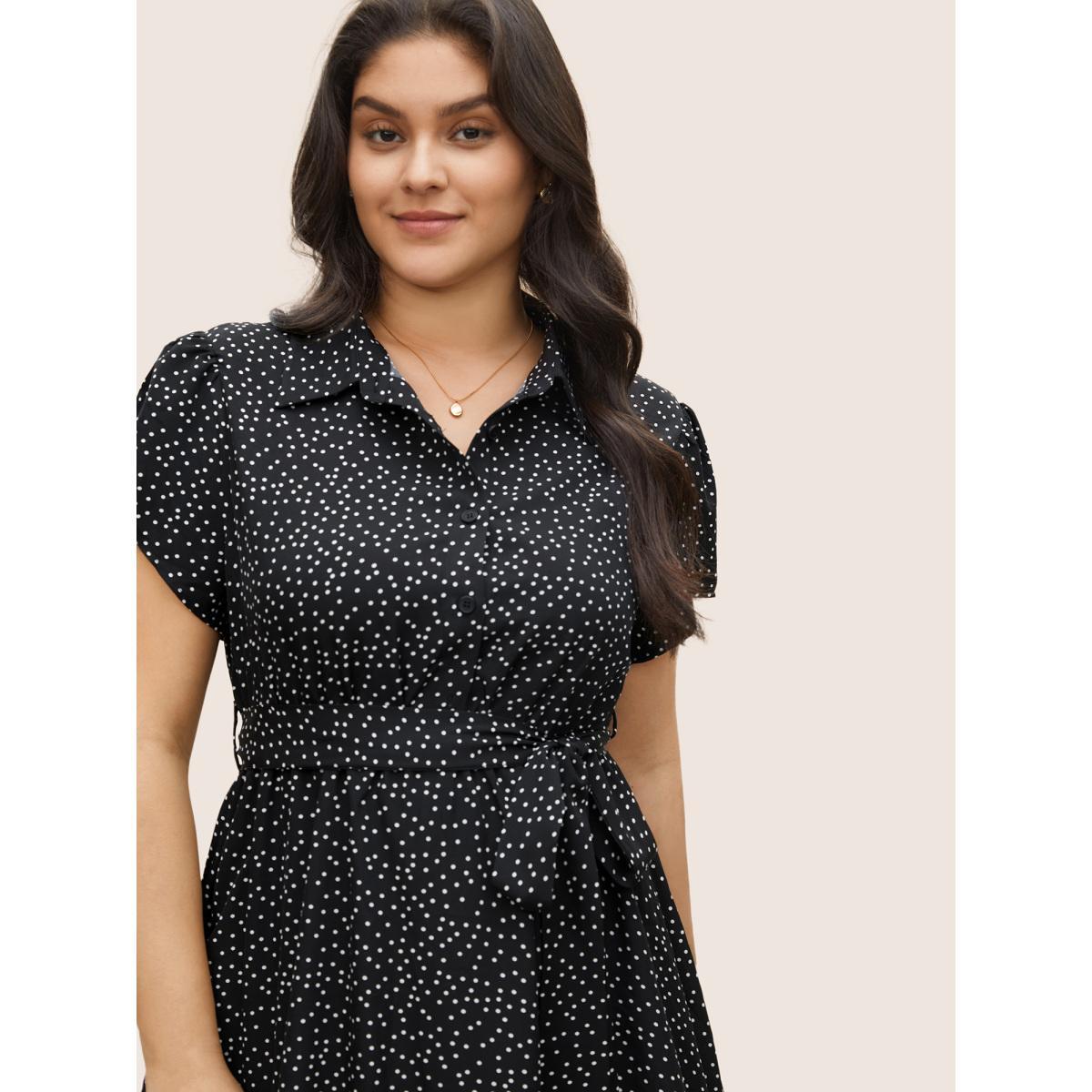 Plus Size Polka Dot Shirt Collar Pocket Button Up Dress Black Women At the Office Non Shirt collar Short sleeve Curvy Midi Dress BloomChic 18-20/2X Product Image