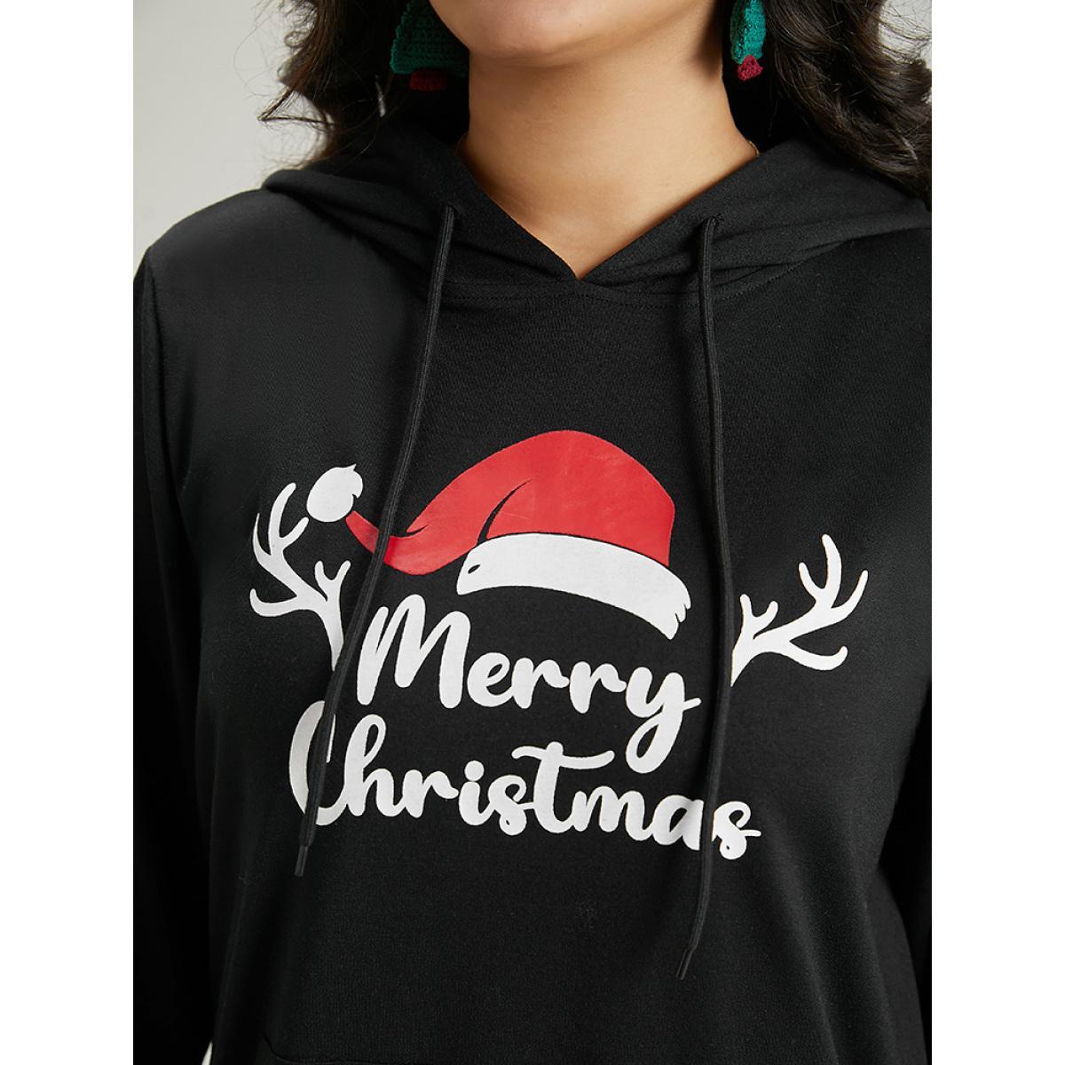 Plus Size Christmas Letter Hooded Drawstring Pocket Sweatshirt Women Black Casual Elastic cuffs Festival-Christmas Sweatshirts BloomChic 12/L Product Image