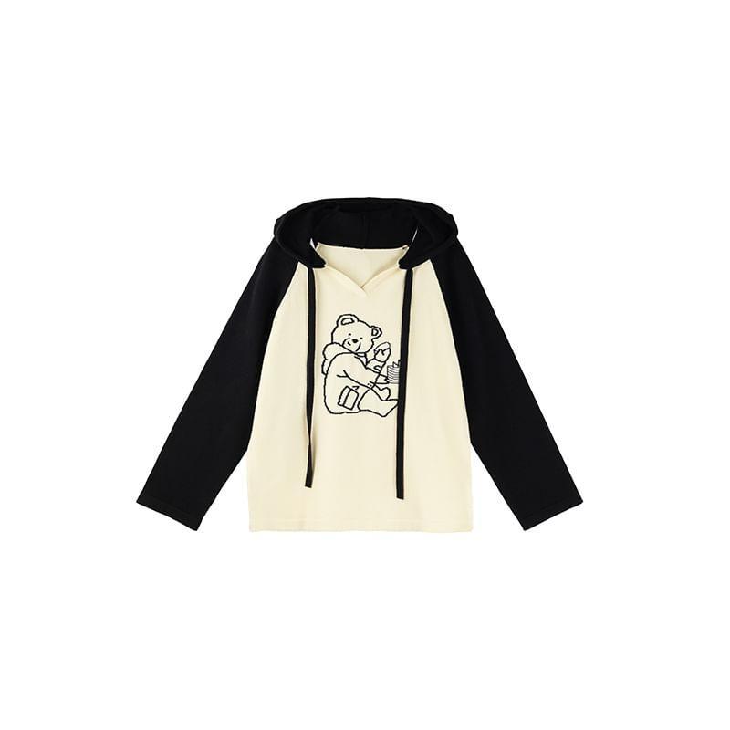 Plus Size V-Neck Bear Print Two Tone Hoodie Product Image