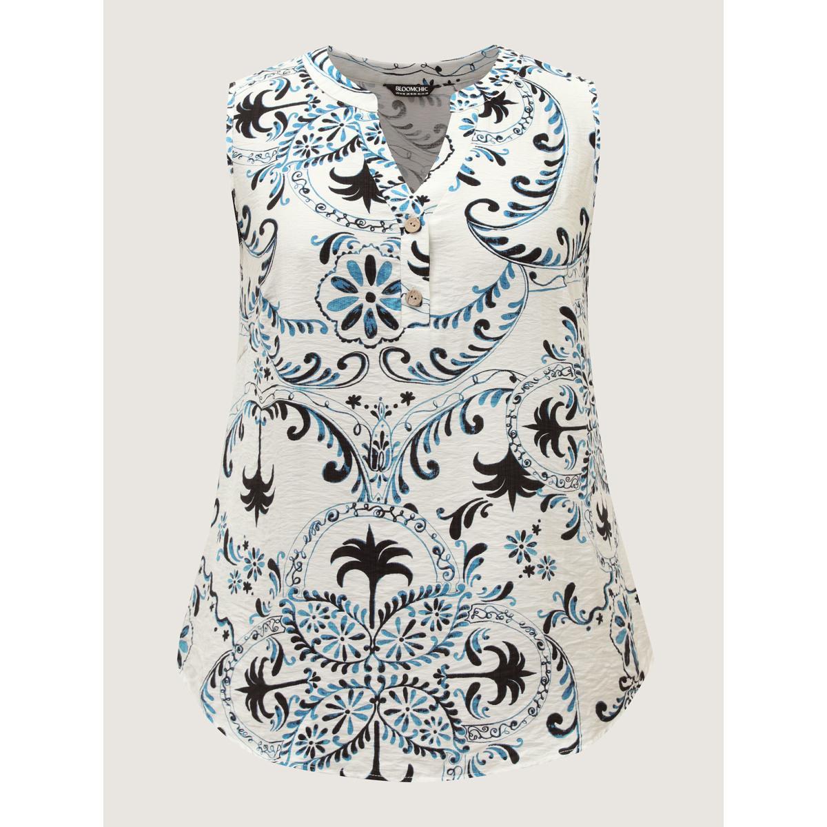 Plus Size Silhouette Floral Print Tank Top Women Mediumblue Contrast Flat collar with V-notch Everyday-Elegant Tank Tops Camis BloomChic 14-16/1X Product Image