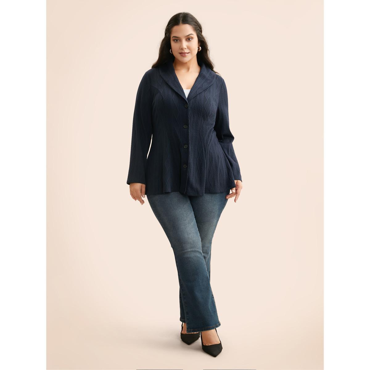Plus Size Lapel Collar Texture Button Up Jacket Women Indigo Texture Bodycon Everyday Jackets BloomChic 28/5X Product Image