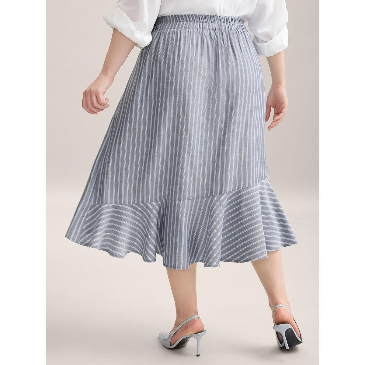 Plus Size Stripe Print High-Low Hem Midi Skirt Women SlateGray At the Office Asymmetrical Bodycon No stretch Side seam pocket Work Skirts BloomChic 12/L Product Image